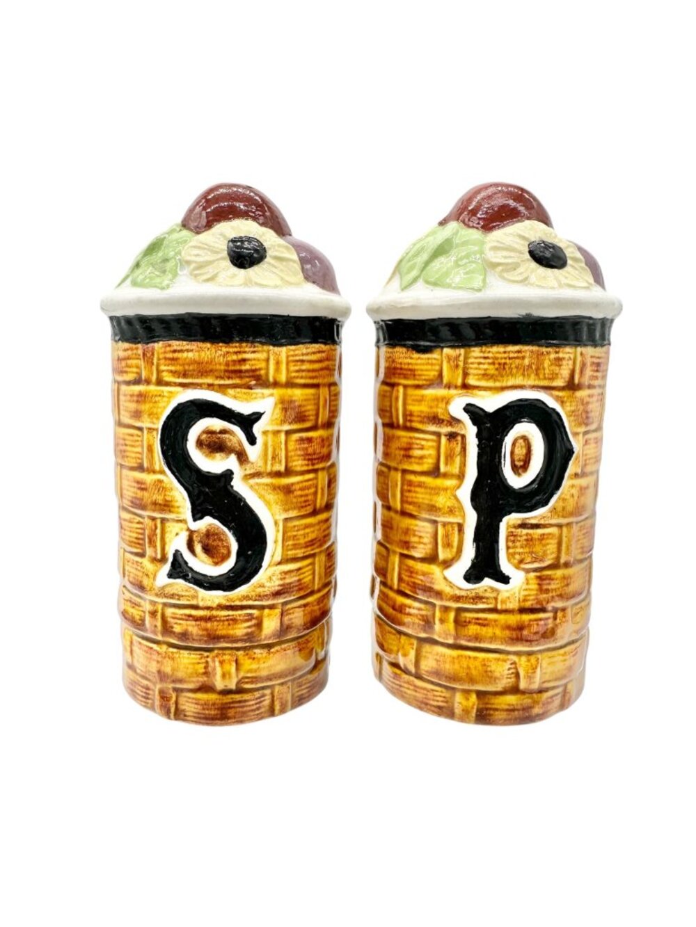 Vintage Ceramic Salt and Pepper Shakers Floral Basketweave Design Painted Detail